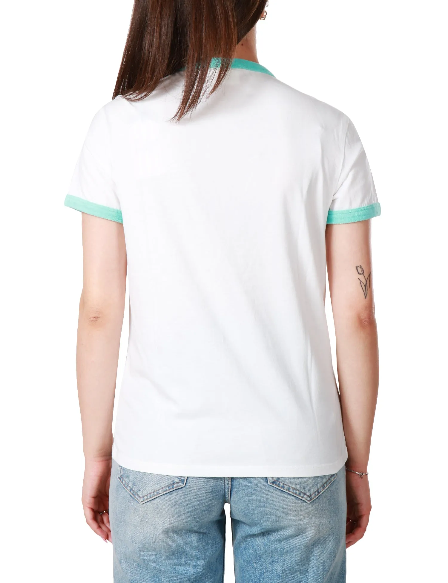 MC 2 SAINT BARTH T-SHIRT DONNA MC 2 SAINT BARTH BIANCA GIROCOLLO CON SCRITTA LOGO COLORATA E BORDI VERDE ACQUA