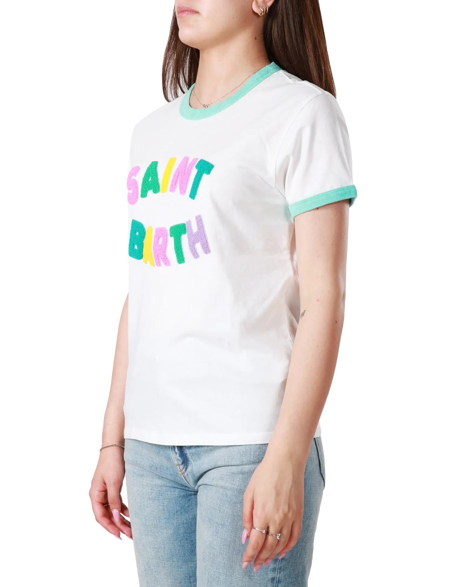 MC 2 SAINT BARTH T-SHIRT DONNA MC 2 SAINT BARTH BIANCA GIROCOLLO CON SCRITTA LOGO COLORATA E BORDI VERDE ACQUA