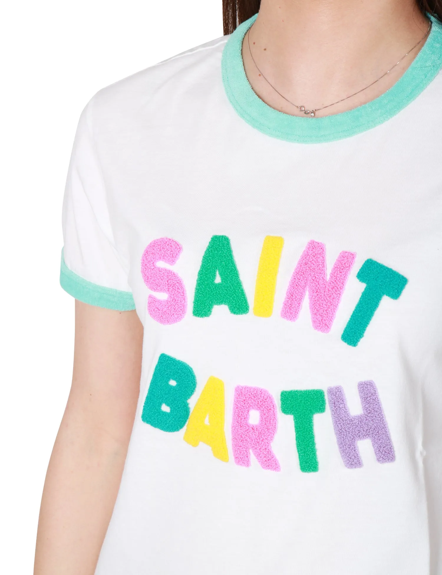 MC 2 SAINT BARTH T-SHIRT DONNA MC 2 SAINT BARTH BIANCA GIROCOLLO CON SCRITTA LOGO COLORATA E BORDI VERDE ACQUA