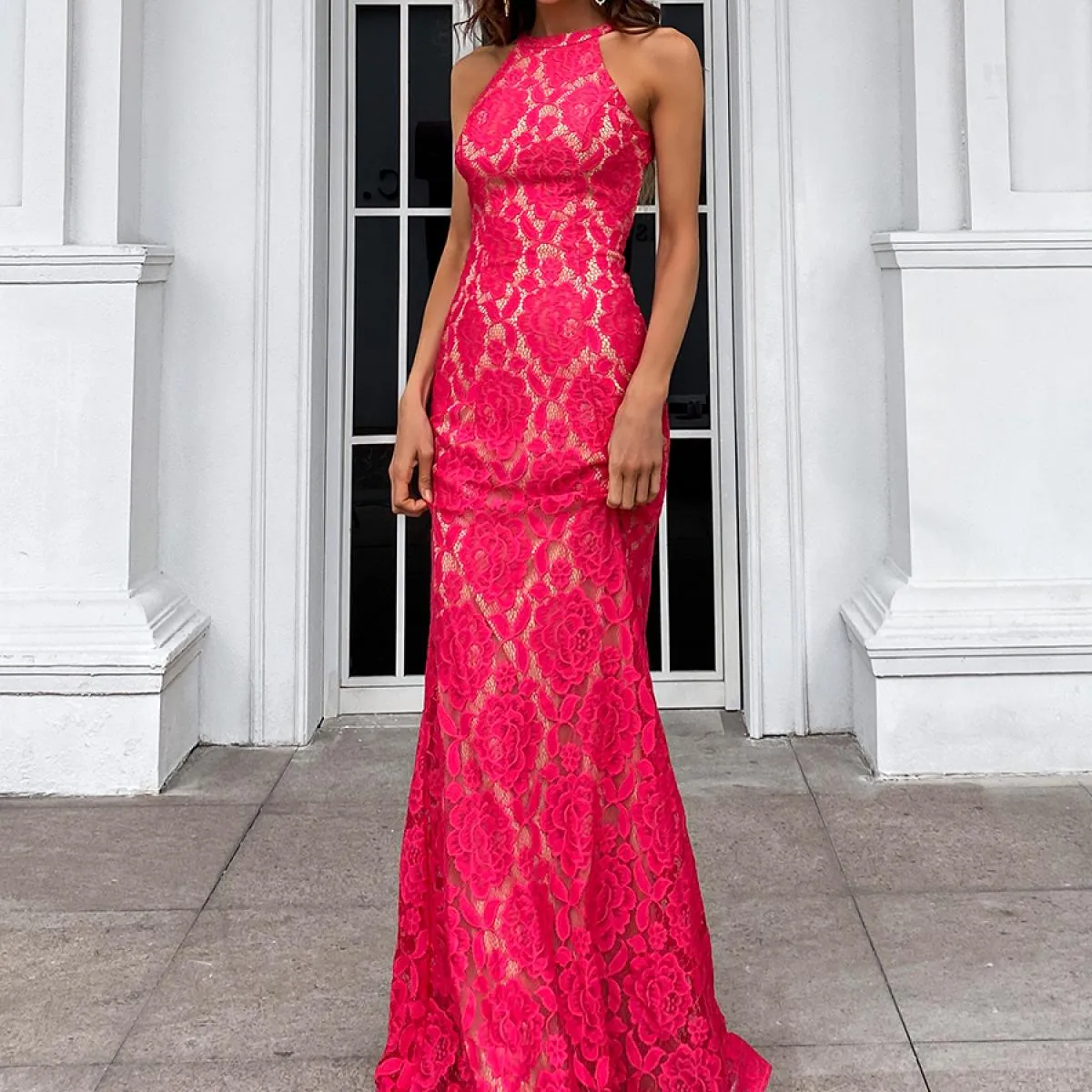 Missord Lace Backless Sirena Orlo Halter Abiti per party di matrimonio Lungo 2022 Fashion Night Donne eleganti da sera Damigella
