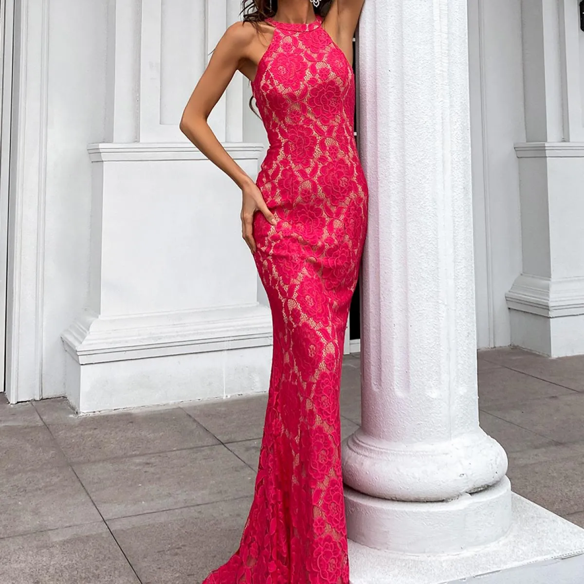 Missord Lace Backless Sirena Orlo Halter Abiti per party di matrimonio Lungo 2022 Fashion Night Donne eleganti da sera Damigella