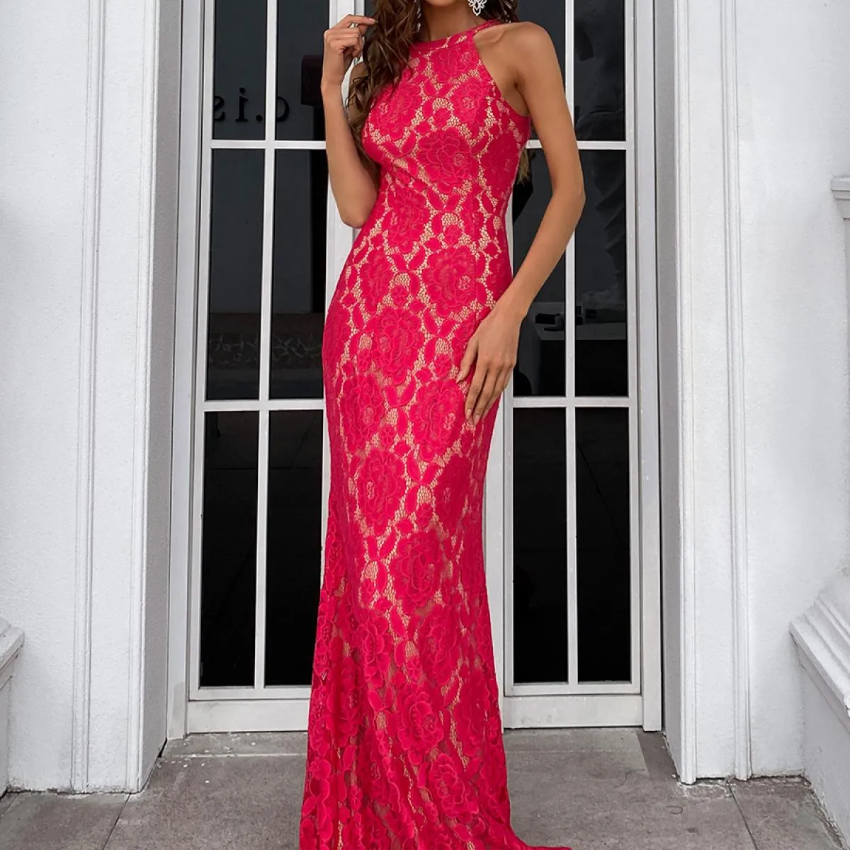 Missord Lace Backless Sirena Orlo Halter Abiti per party di matrimonio Lungo 2022 Fashion Night Donne eleganti da sera Damigella
