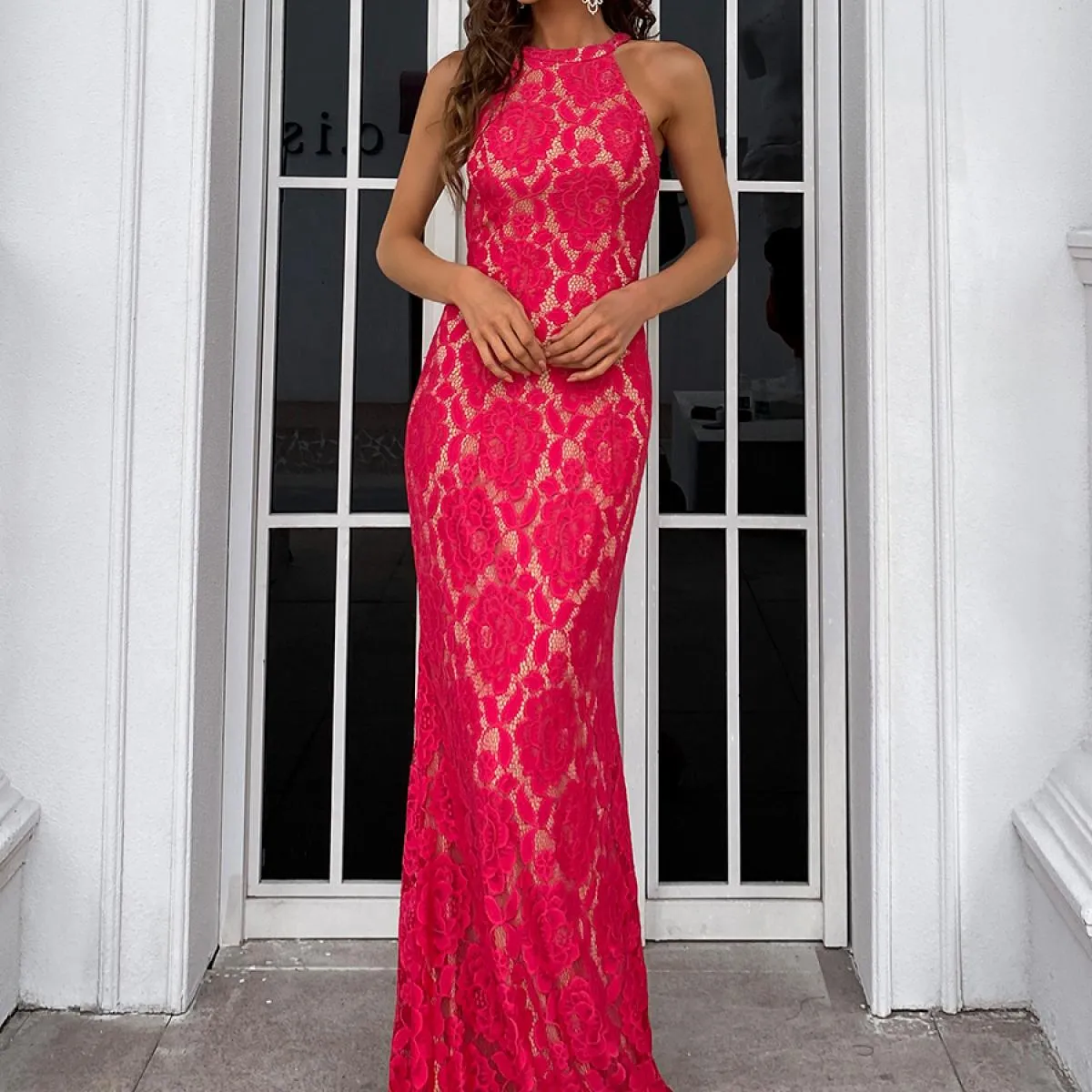 Missord Lace Backless Sirena Orlo Halter Abiti per party di matrimonio Lungo 2022 Fashion Night Donne eleganti da sera Damigella