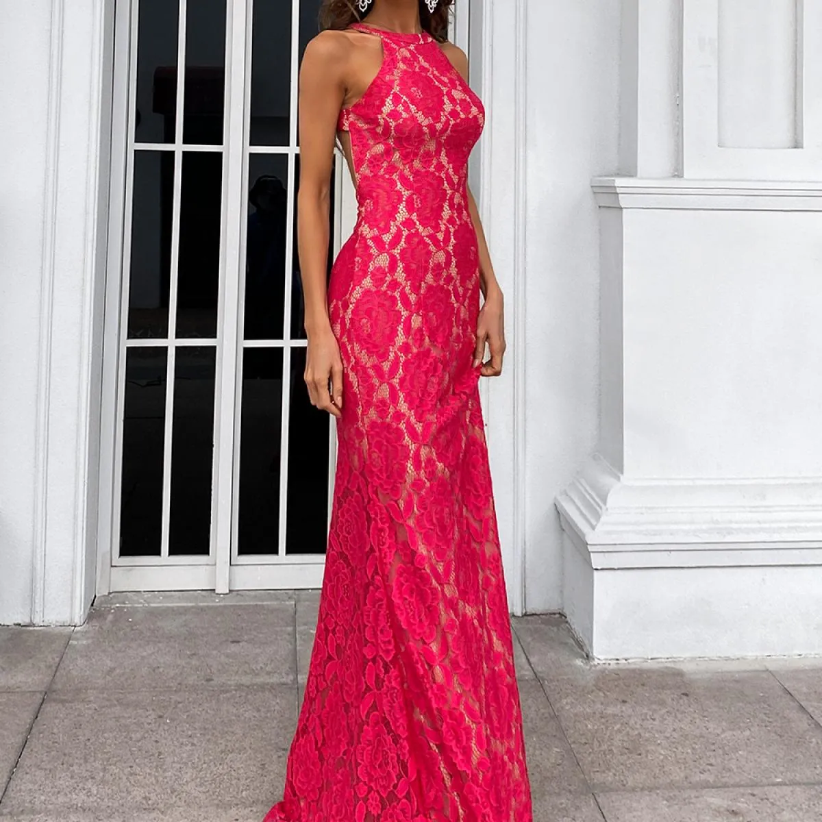Missord Lace Backless Sirena Orlo Halter Abiti per party di matrimonio Lungo 2022 Fashion Night Donne eleganti da sera Damigella