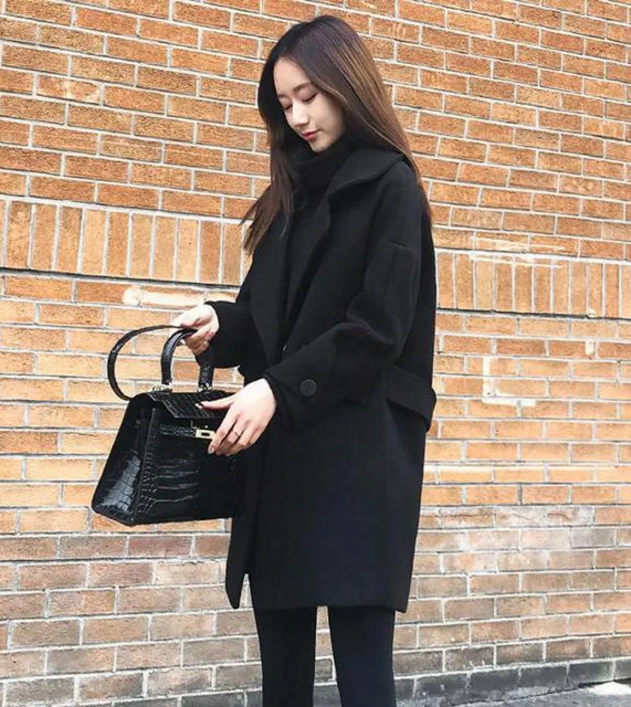 Moda autunno inverno cappotto di lana colletto con risvolto allentato casual cappotti neri lunghi giacche con un bottone cappott