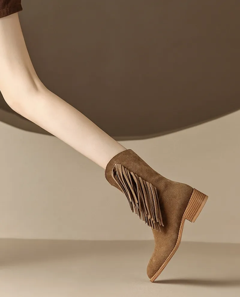 New Retro Tassel Martin Boots Women's Round Toe Thick Heel Short Boots Slim V-mouth Western Cowboy Boots