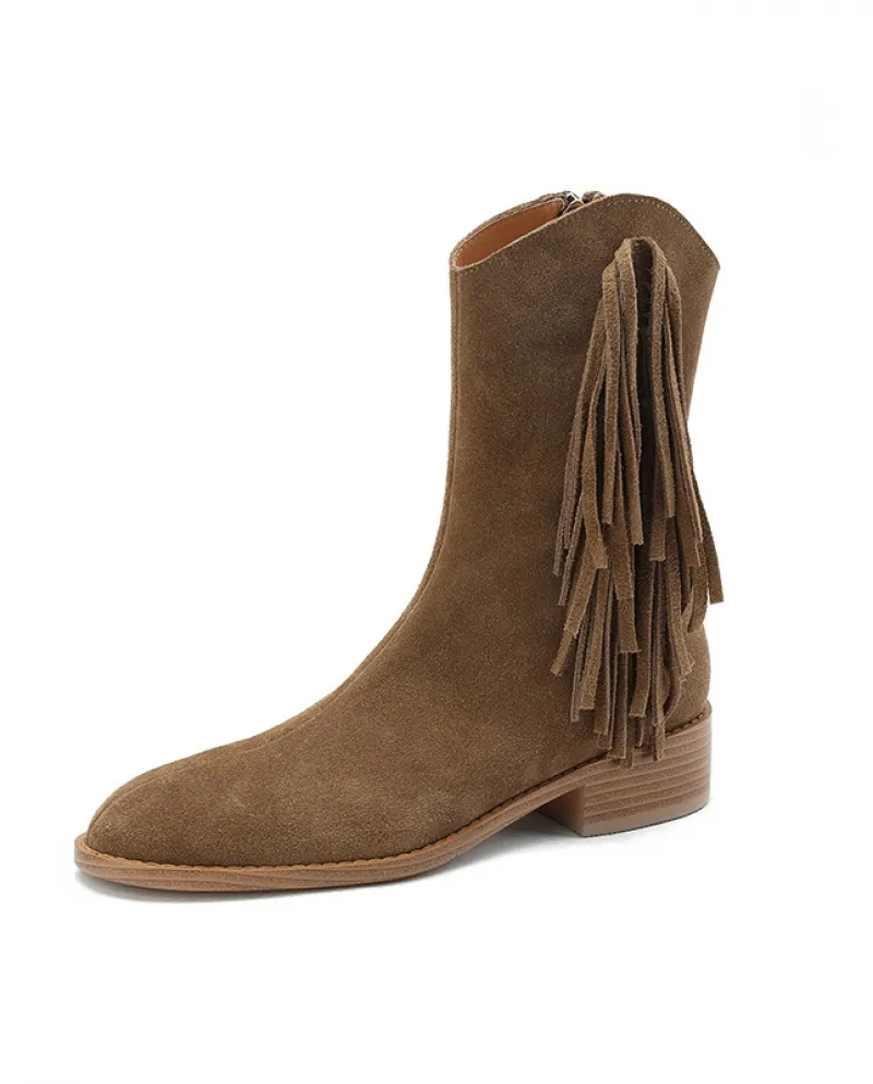 New Retro Tassel Martin Boots Women's Round Toe Thick Heel Short Boots Slim V-mouth Western Cowboy Boots