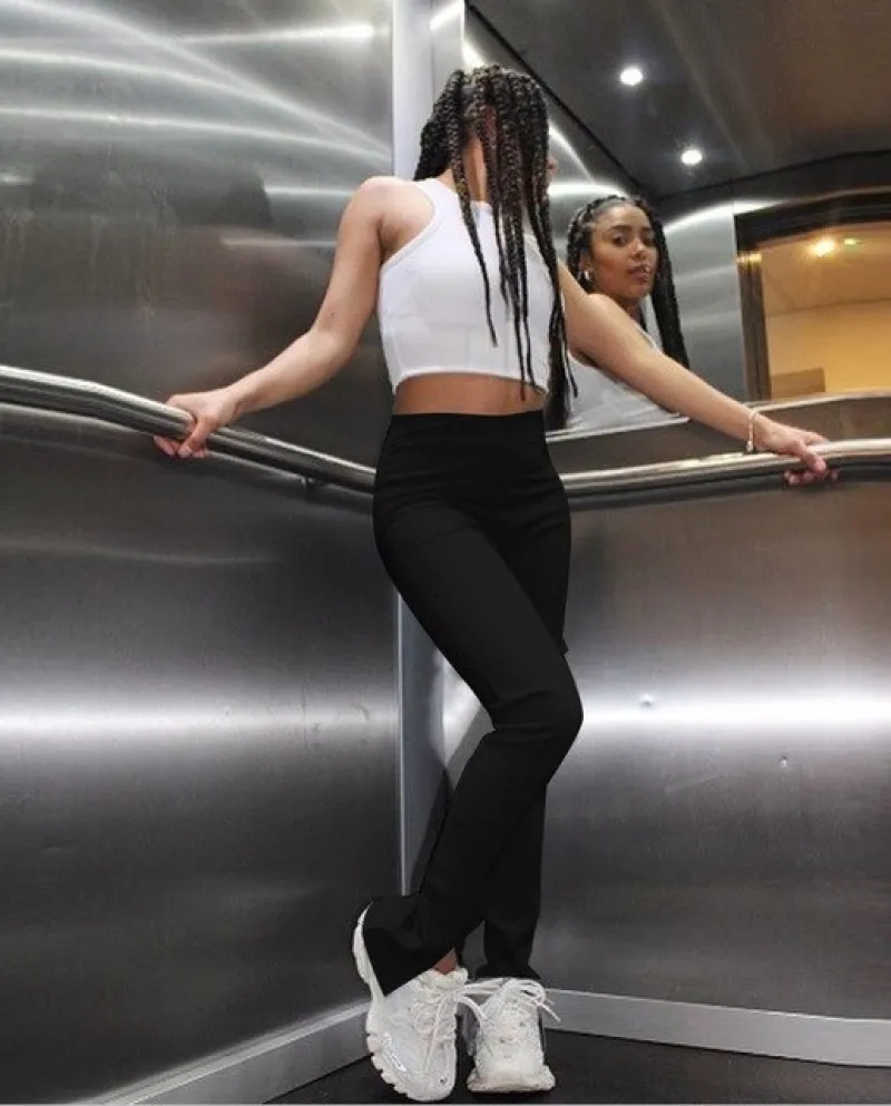 Pantaloni a vita alta attillati casual da donna nuovi Pantaloni svasati a fessura tinta unita da donna sportiva casual