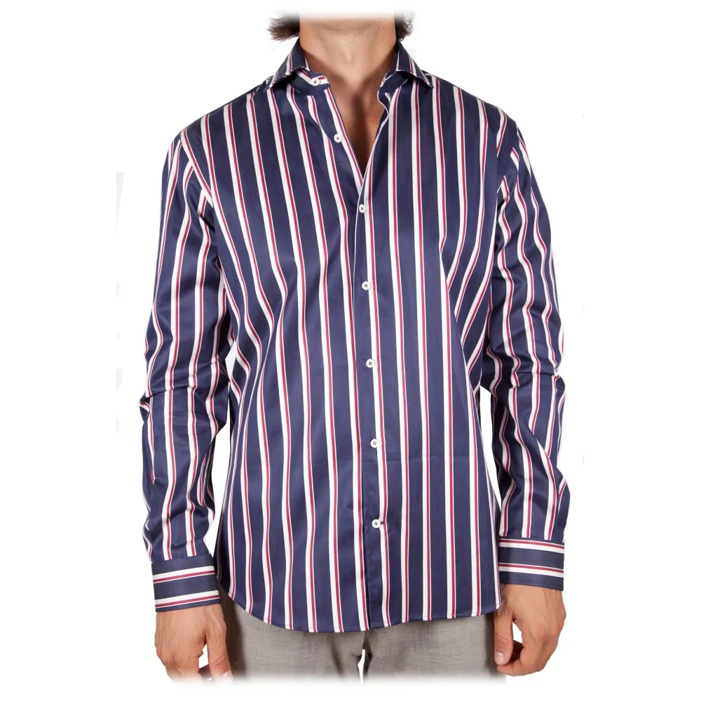 Poggianti 1985 - Blue-White Striped Shirt - Handmade in Italy - New Luxury Exclusive Collection