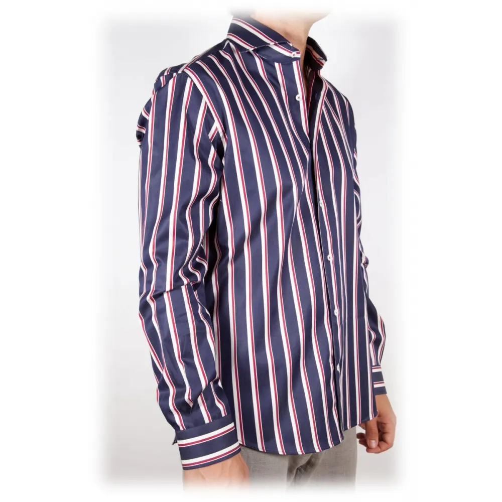 Poggianti 1985 - Blue-White Striped Shirt - Handmade in Italy - New Luxury Exclusive Collection