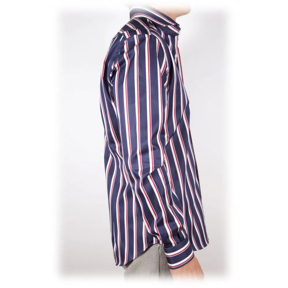 Poggianti 1985 - Blue-White Striped Shirt - Handmade in Italy - New Luxury Exclusive Collection