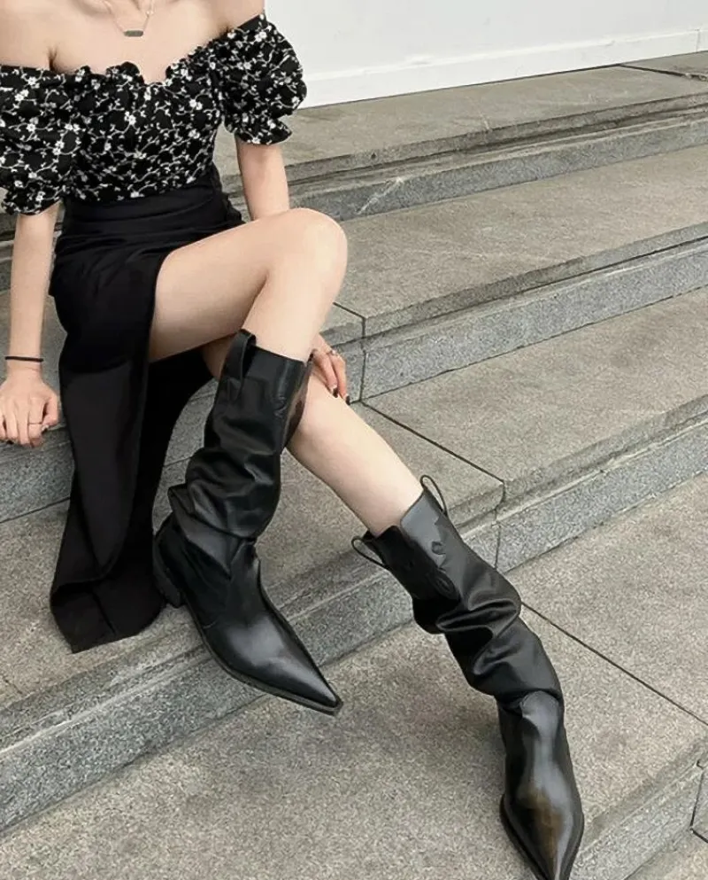 Pointed Western Cowboy Boots Pleated Pile Boots Women's Boots Summer And Autumn New British Style Niche Thick Heels High