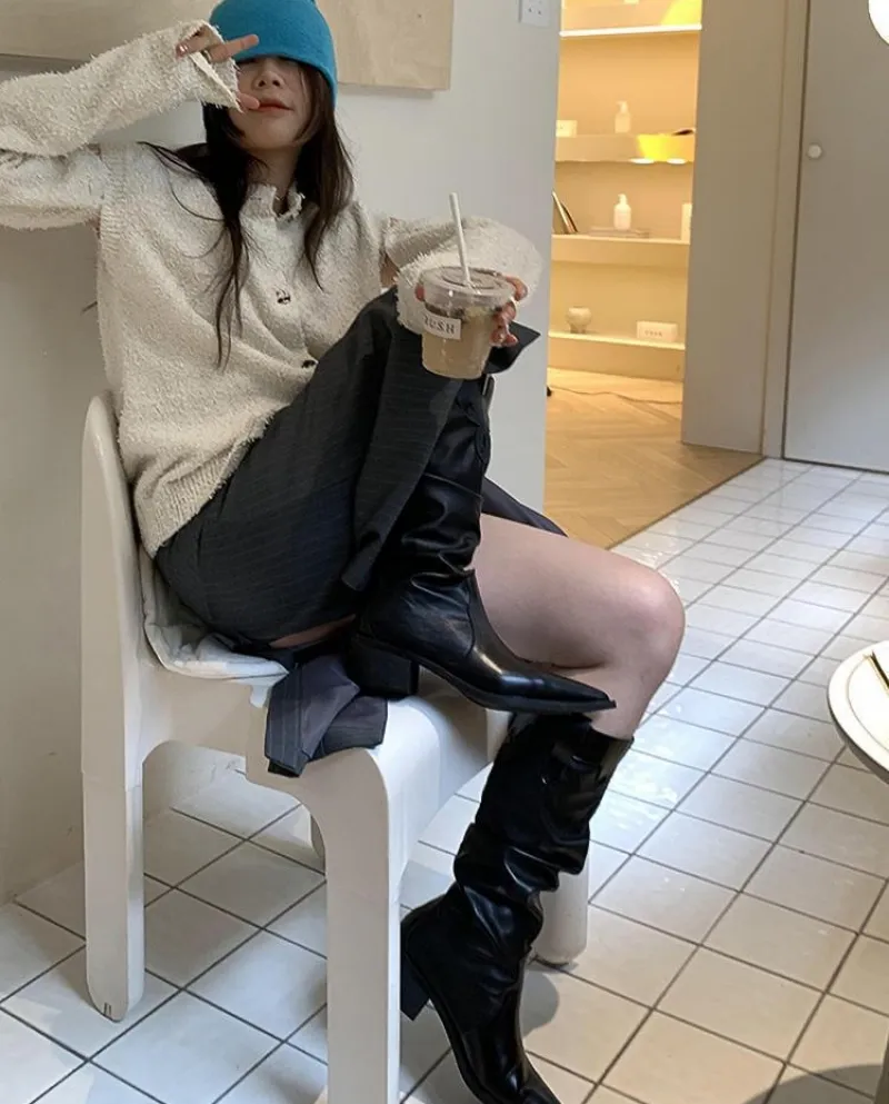 Pointed Western Cowboy Boots Pleated Pile Boots Women's Boots Summer And Autumn New British Style Niche Thick Heels High