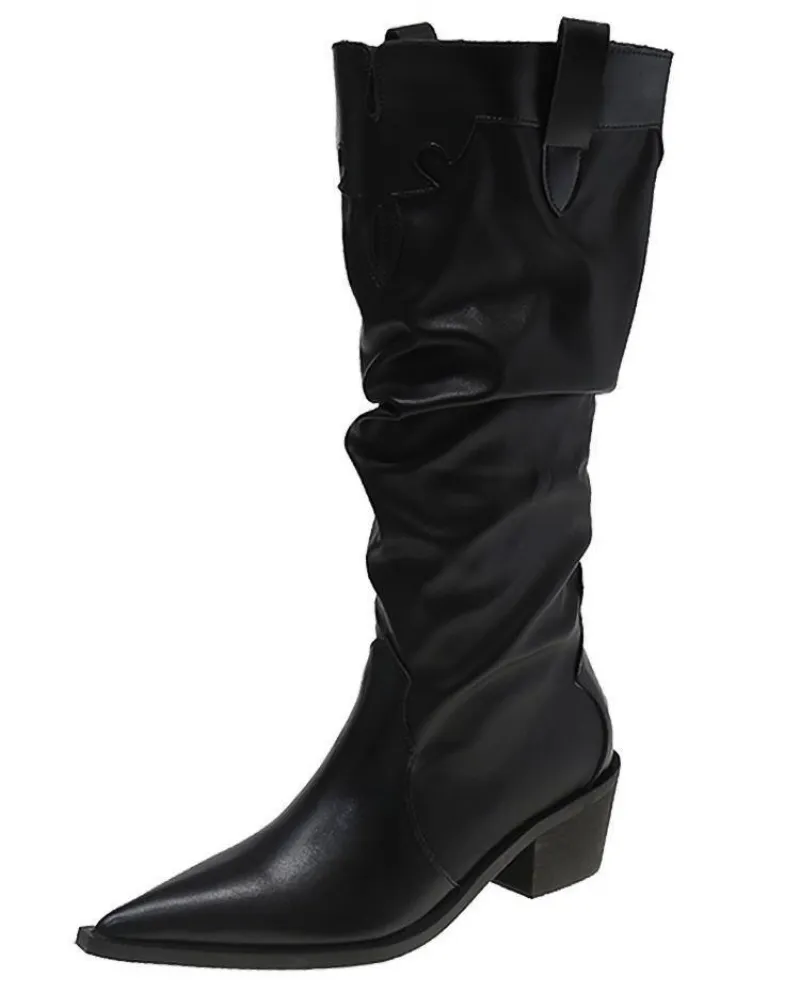 Pointed Western Cowboy Boots Pleated Pile Boots Women's Boots Summer And Autumn New British Style Niche Thick Heels High