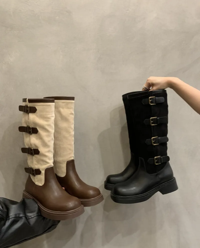 Retro Color Matching Western Cowboy Boots New Thick Heel Knight Boots Female Internet Celebrity Fashion Belt Buckle Boot