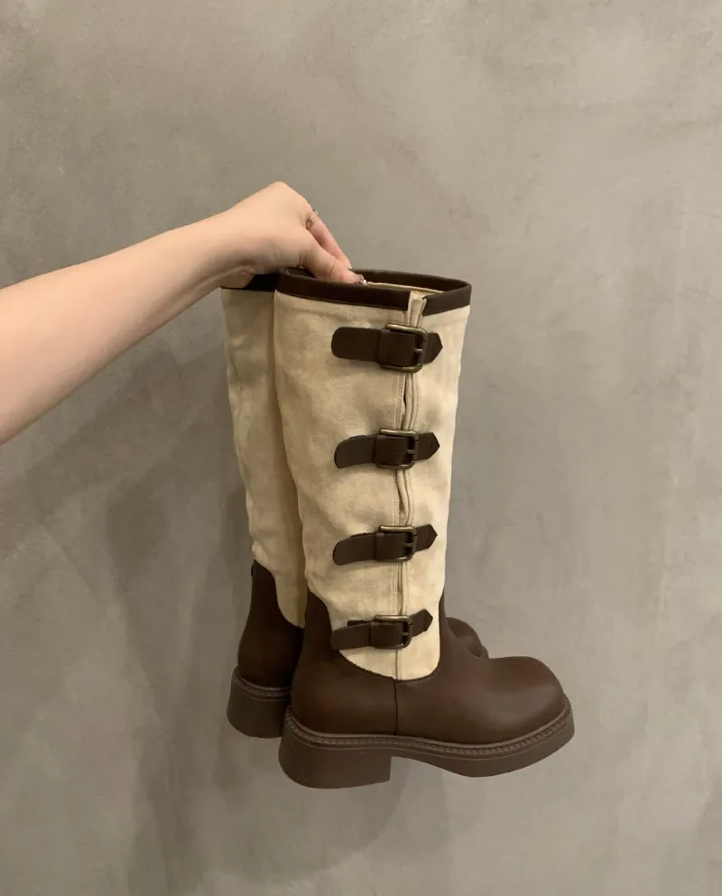 Retro Color Matching Western Cowboy Boots New Thick Heel Knight Boots Female Internet Celebrity Fashion Belt Buckle Boot
