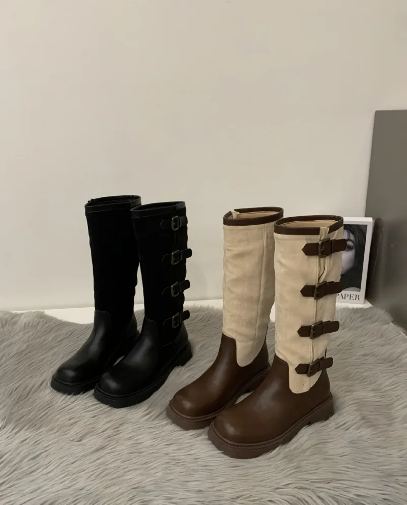 Retro Color Matching Western Cowboy Boots New Thick Heel Knight Boots Female Internet Celebrity Fashion Belt Buckle Boot