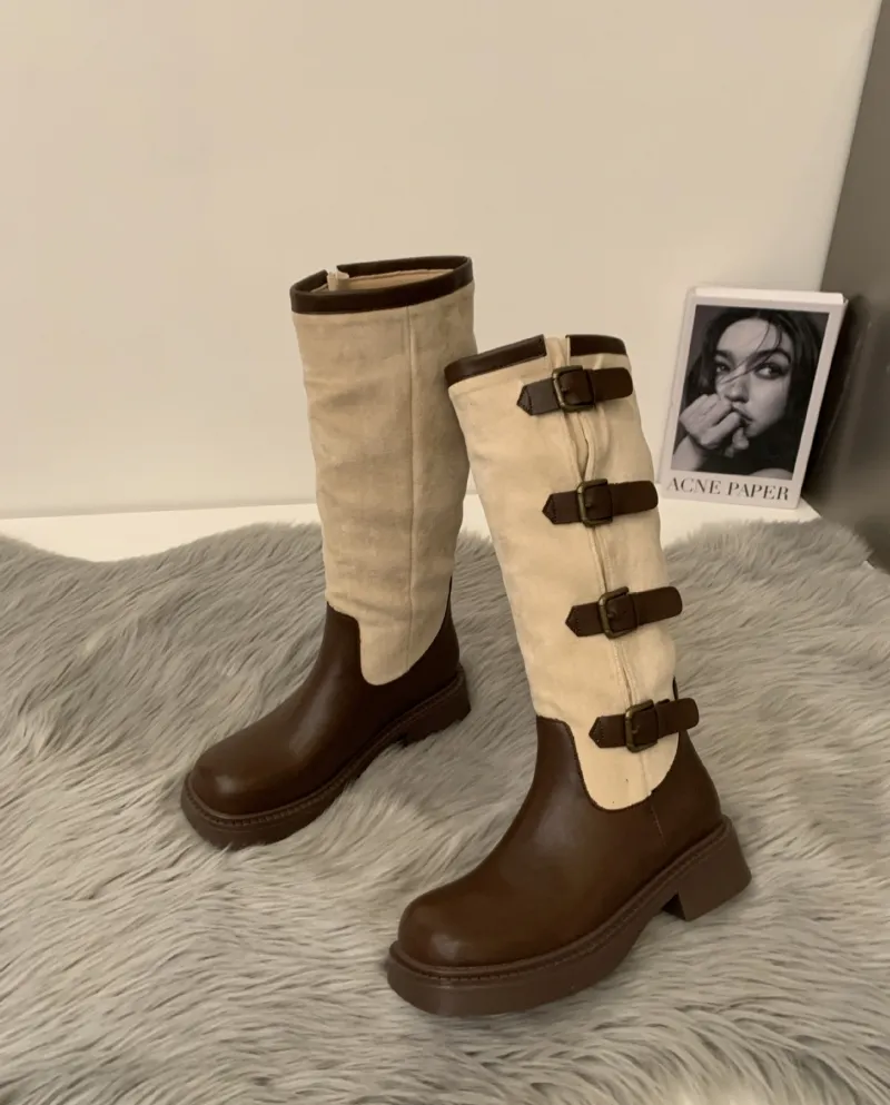 Retro Color Matching Western Cowboy Boots New Thick Heel Knight Boots Female Internet Celebrity Fashion Belt Buckle Boot