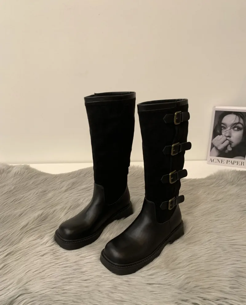 Retro Color Matching Western Cowboy Boots New Thick Heel Knight Boots Female Internet Celebrity Fashion Belt Buckle Boot