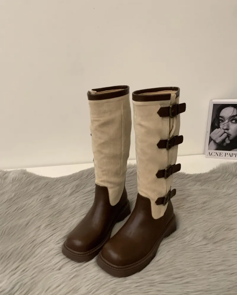 Retro Color Matching Western Cowboy Boots New Thick Heel Knight Boots Female Internet Celebrity Fashion Belt Buckle Boot