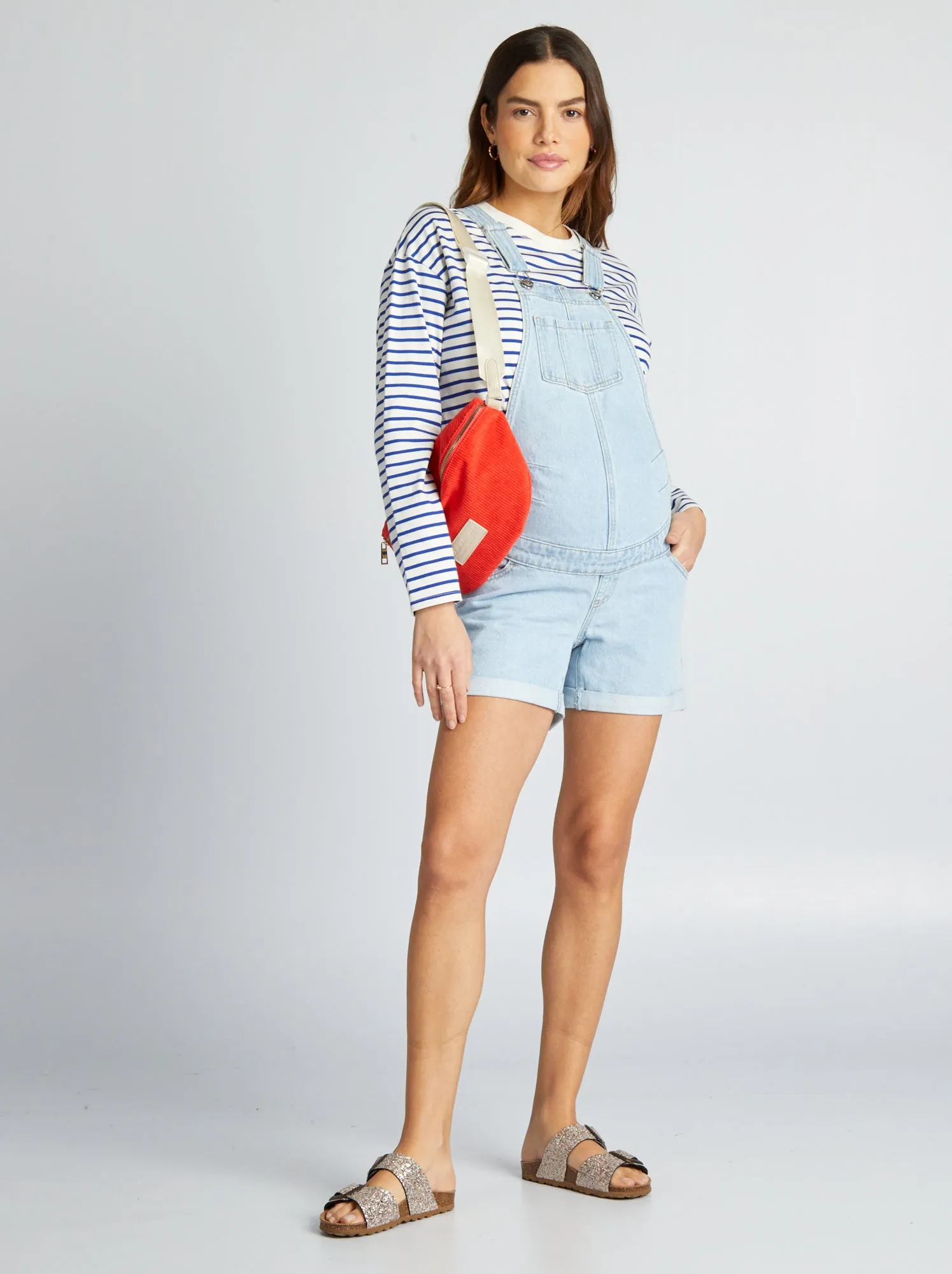 Salopette con shorts premaman in denim - BLU