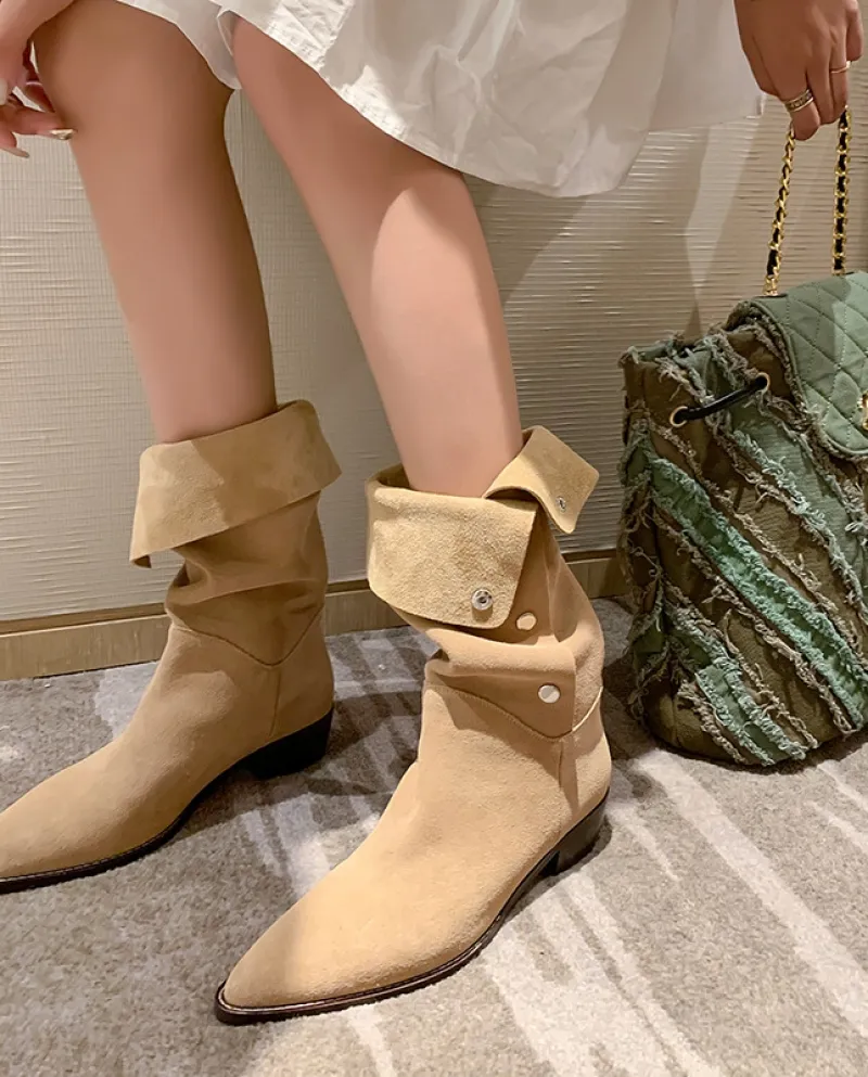 Salty Or Sweet~!  Pointed Toe Nubuck Suede Mid-calf Denim Western Boots For Women High Knight Boots