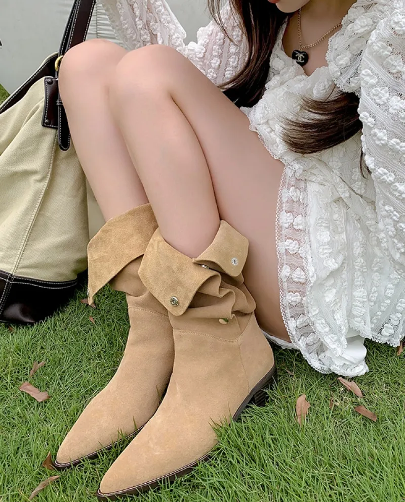 Salty Or Sweet~!  Pointed Toe Nubuck Suede Mid-calf Denim Western Boots For Women High Knight Boots