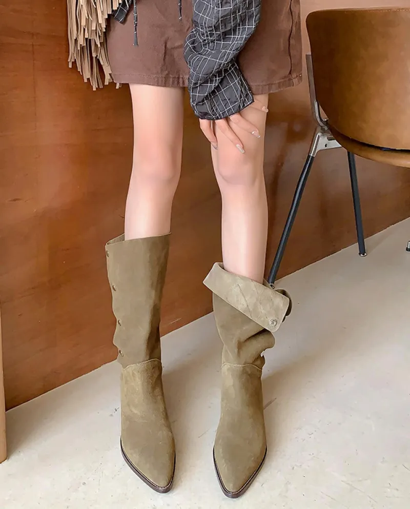 Salty Or Sweet~!  Pointed Toe Nubuck Suede Mid-calf Denim Western Boots For Women High Knight Boots