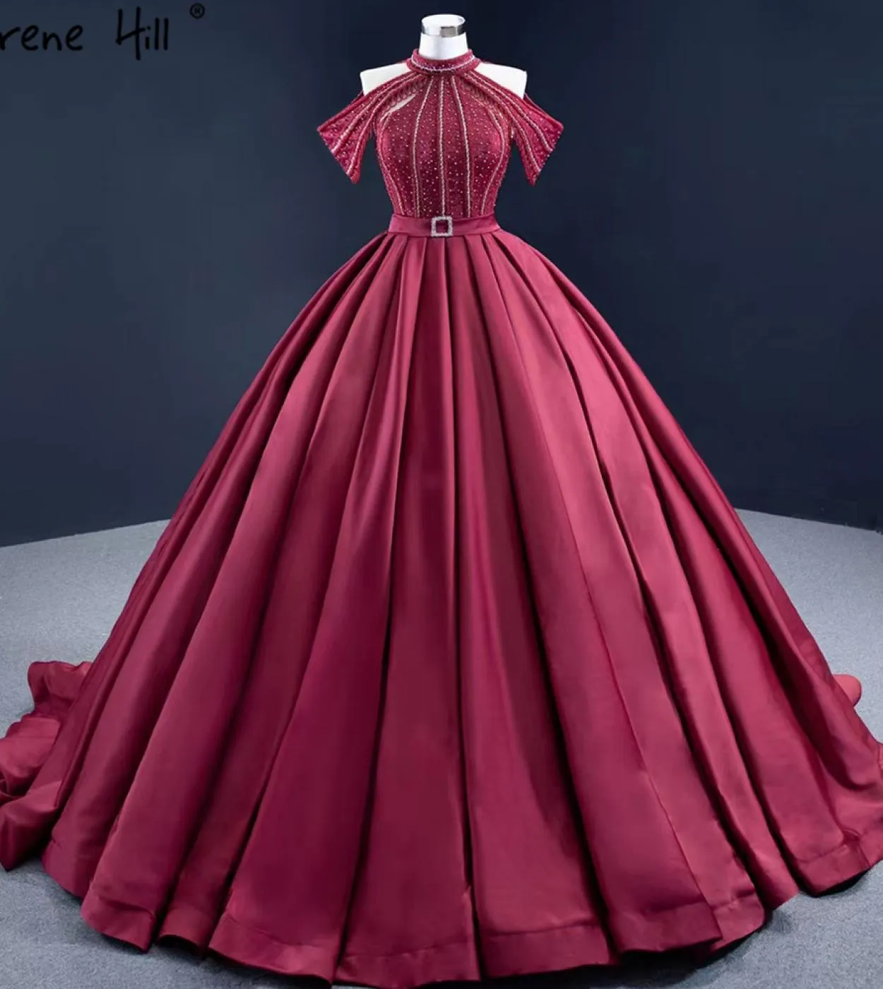 Serene Hill Abiti da sposa di lusso in raso rosso vino Abiti da sposa con perline di cristallo Abito da sposa con lacci Hm67249