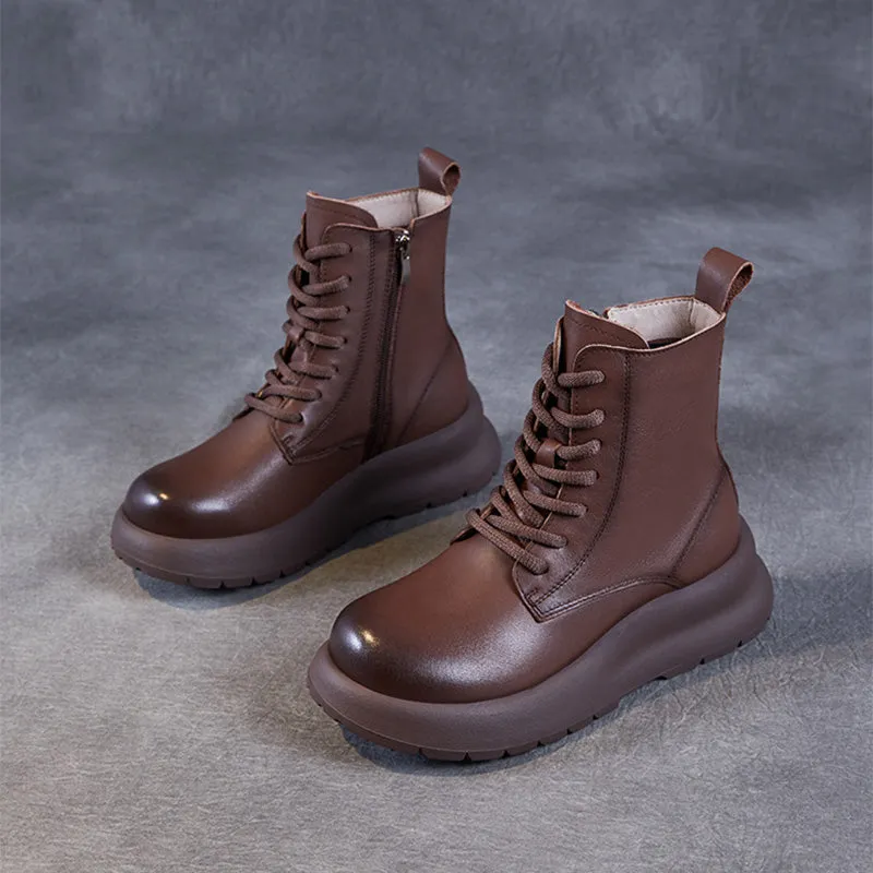 Stivali da donna vintage in pelle solida con suola spessa