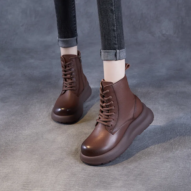 Stivali da donna vintage in pelle solida con suola spessa