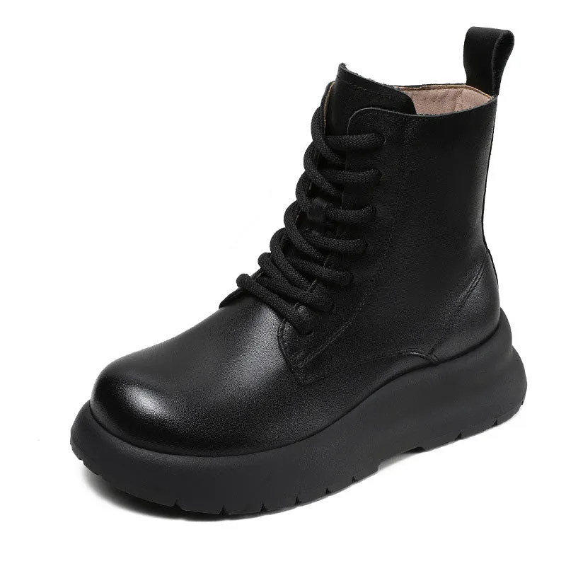 Stivali da donna vintage in pelle solida con suola spessa