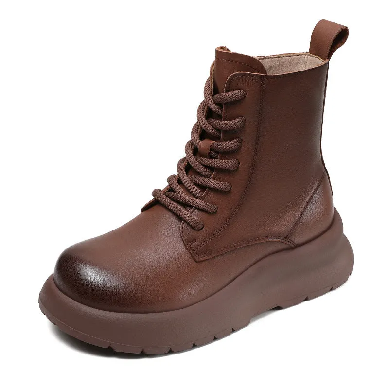 Stivali da donna vintage in pelle solida con suola spessa