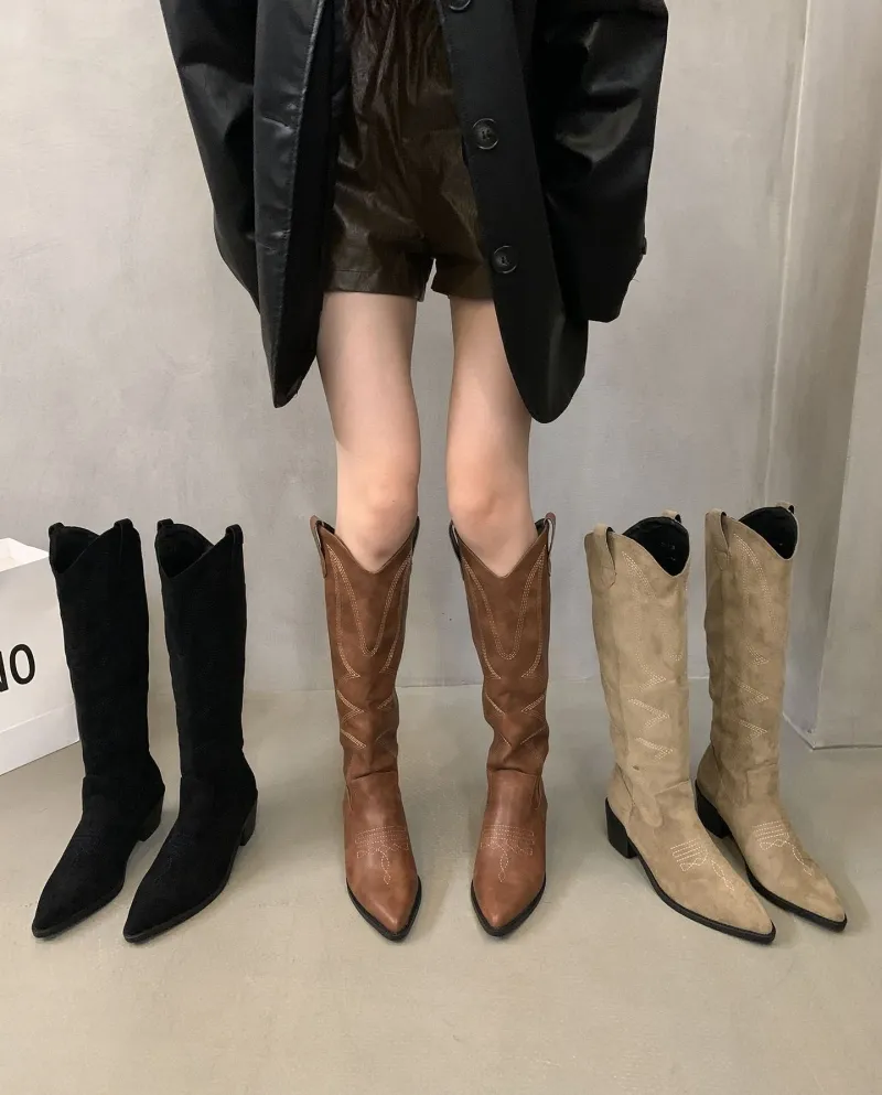 Style Fashionable Western Cowboy Boots Women's Boots Autumn And Summer New Pointed Toe Retro Style British High Knight