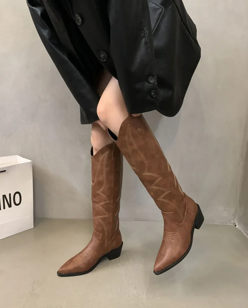 Style Fashionable Western Cowboy Boots Women's Boots Autumn And Summer New Pointed Toe Retro Style British High Knight
