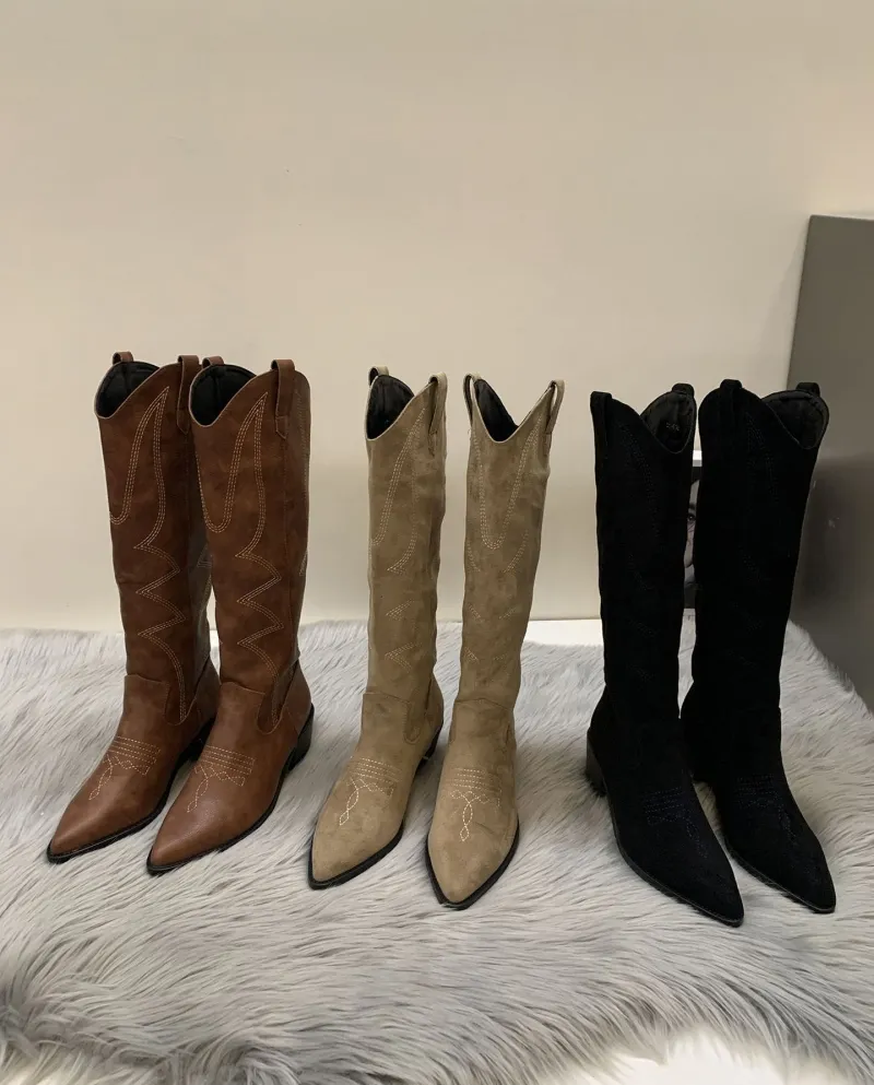 Style Fashionable Western Cowboy Boots Women's Boots Autumn And Summer New Pointed Toe Retro Style British High Knight