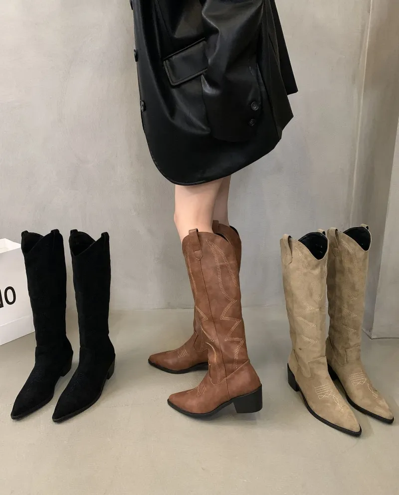 Style Fashionable Western Cowboy Boots Women's Boots Autumn And Summer New Pointed Toe Retro Style British High Knight