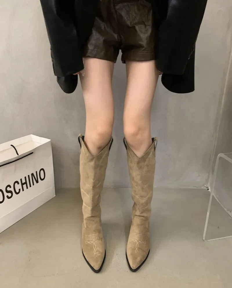 Style Fashionable Western Cowboy Boots Women's Boots Autumn And Summer New Pointed Toe Retro Style British High Knight