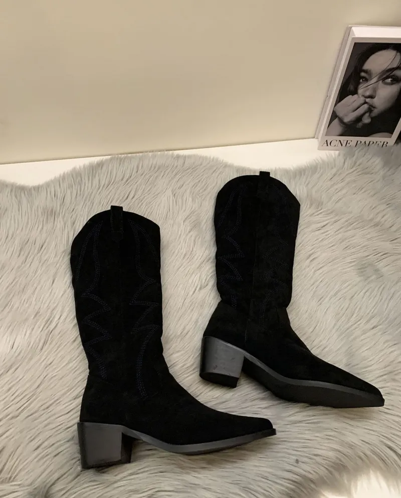 Style Fashionable Western Cowboy Boots Women's Boots Autumn And Summer New Pointed Toe Retro Style British High Knight