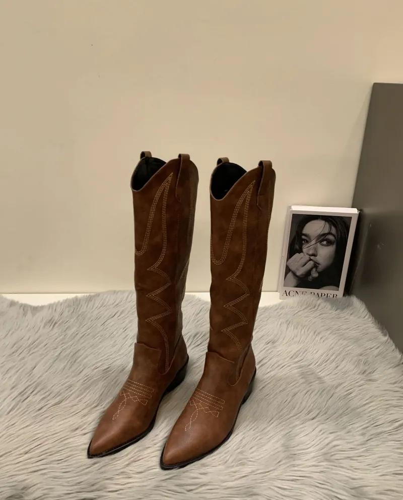 Style Fashionable Western Cowboy Boots Women's Boots Autumn And Summer New Pointed Toe Retro Style British High Knight
