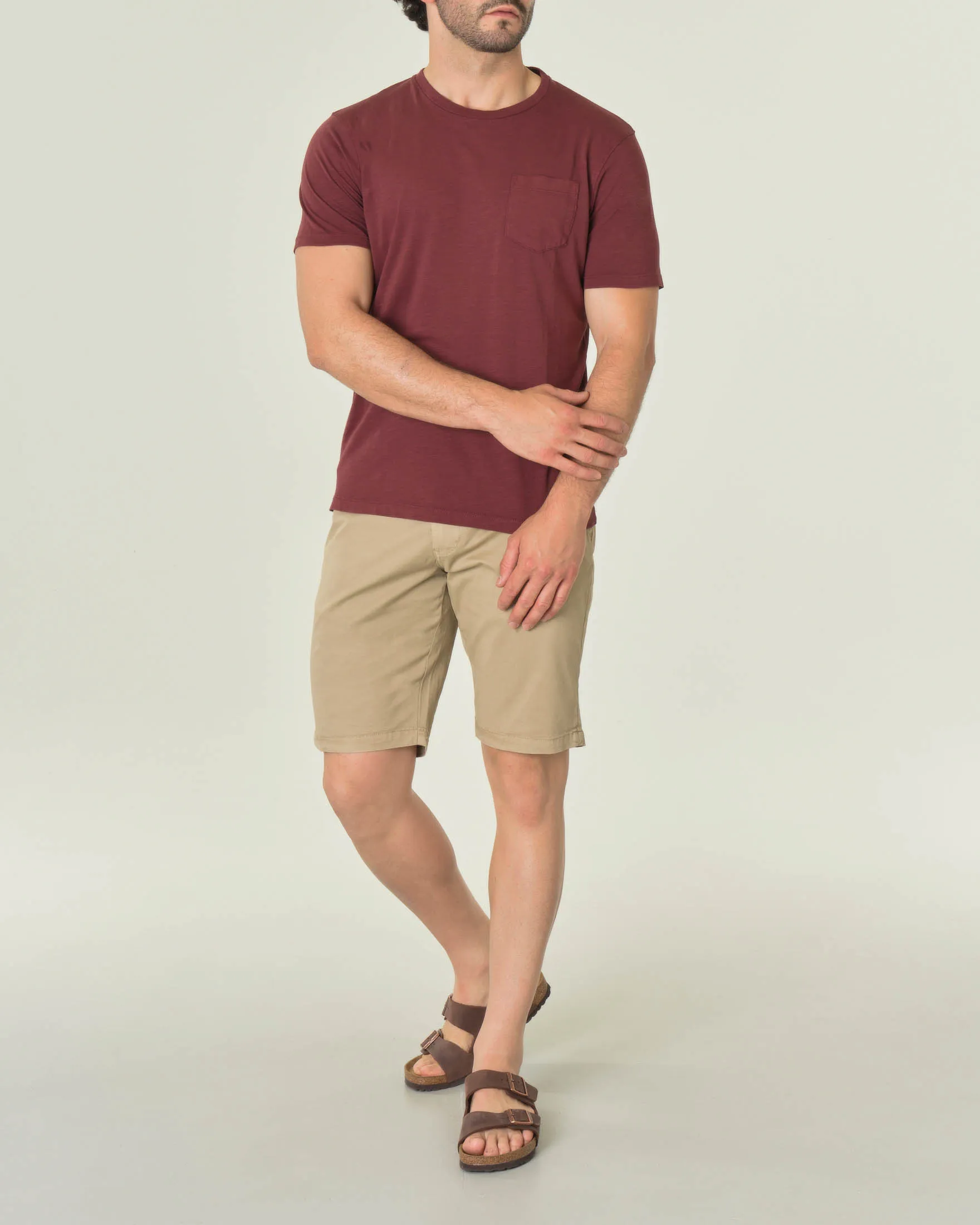 T-shirt bordeaux mezza manica in cotone fiammato con taschino applicato sul petto