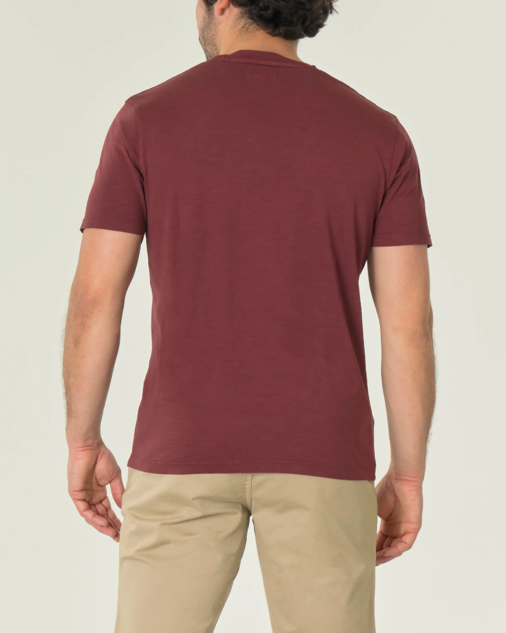 T-shirt bordeaux mezza manica in cotone fiammato con taschino applicato sul petto