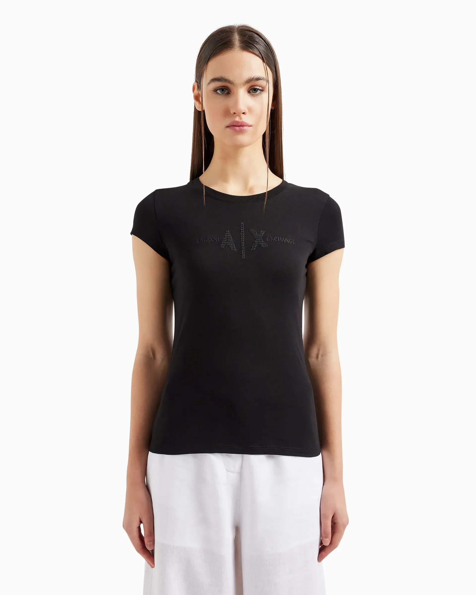 T-shirt nera in cotone con ricamo a giorno e scritta logo sul davanti