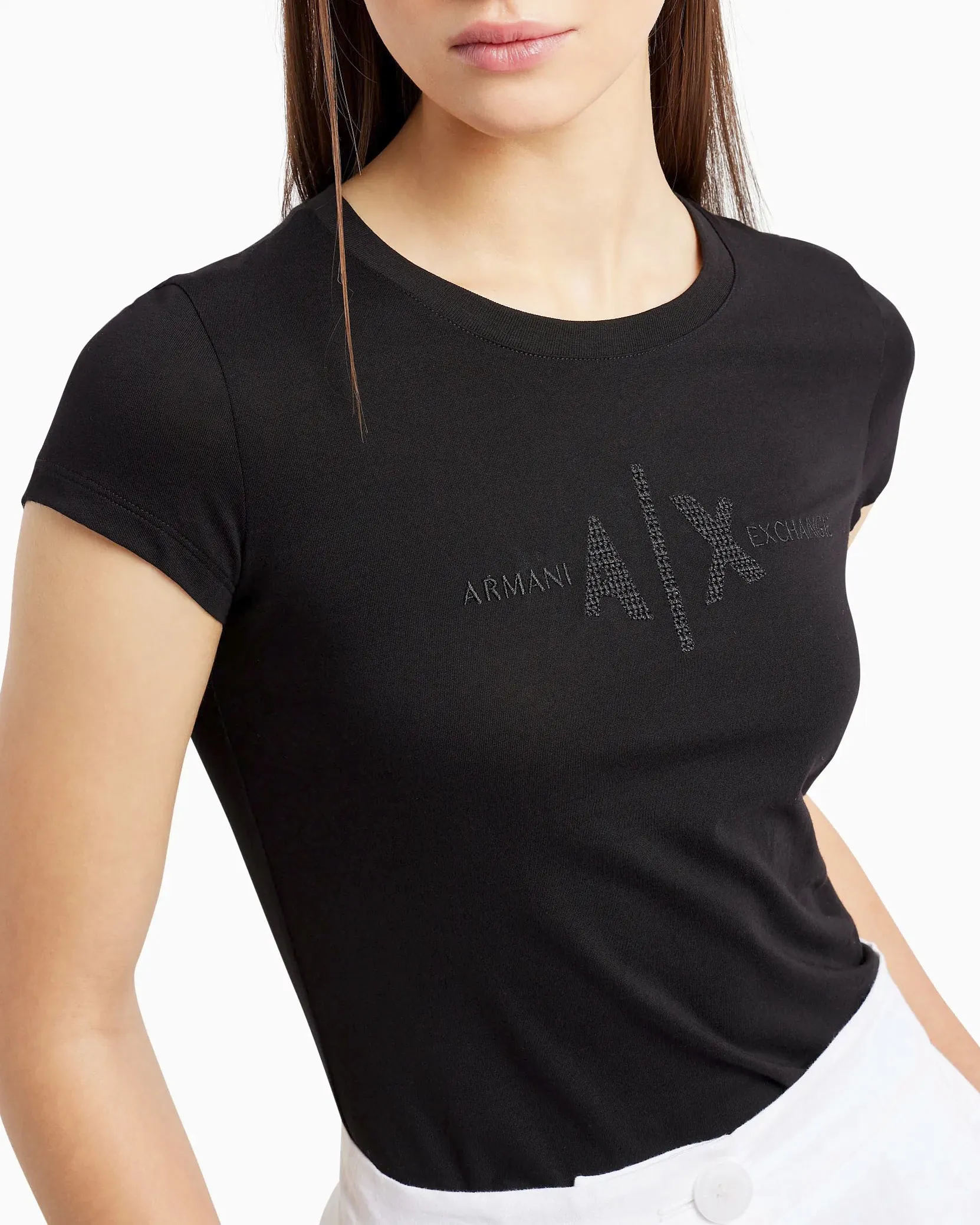 T-shirt nera in cotone con ricamo a giorno e scritta logo sul davanti