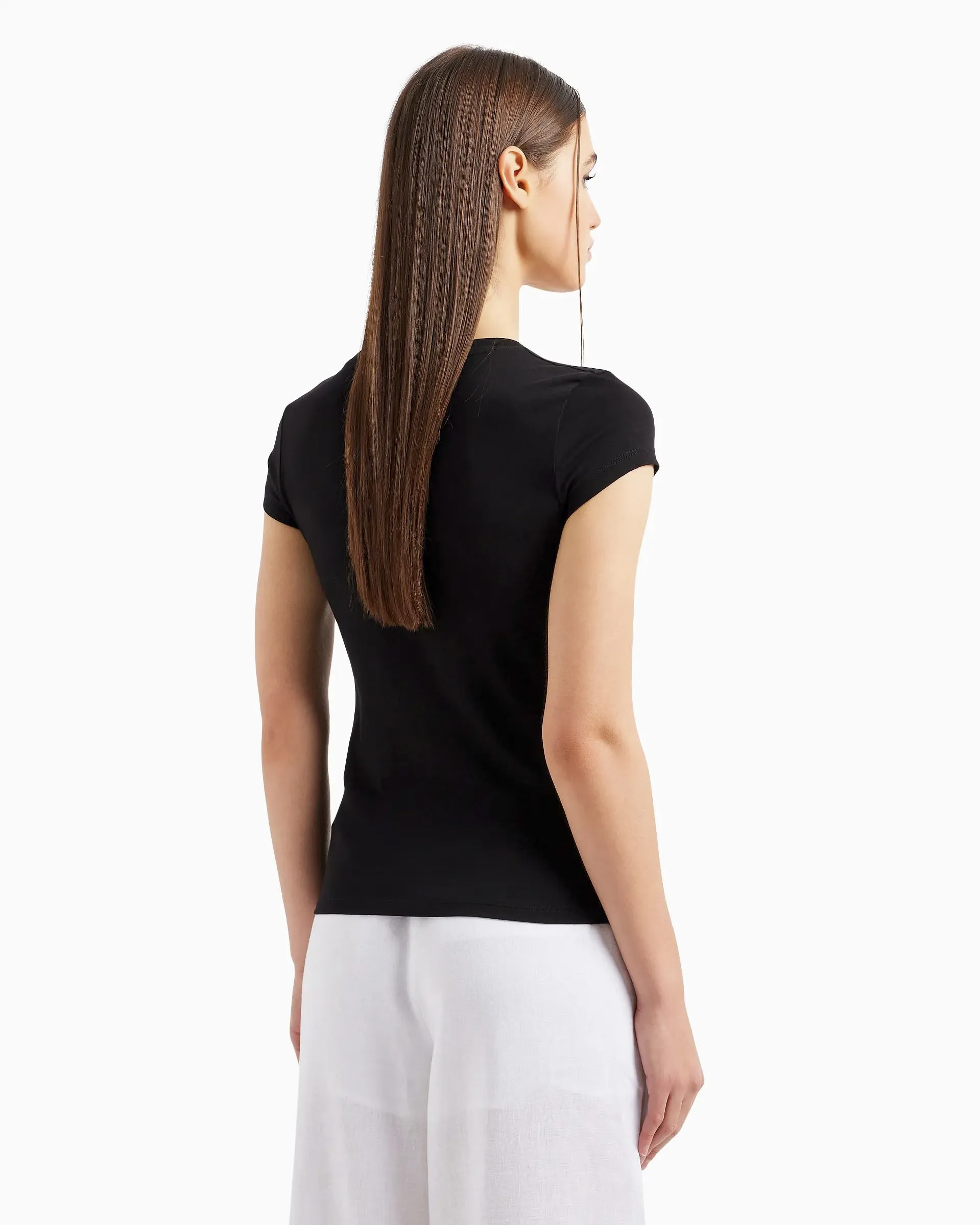 T-shirt nera in cotone con ricamo a giorno e scritta logo sul davanti