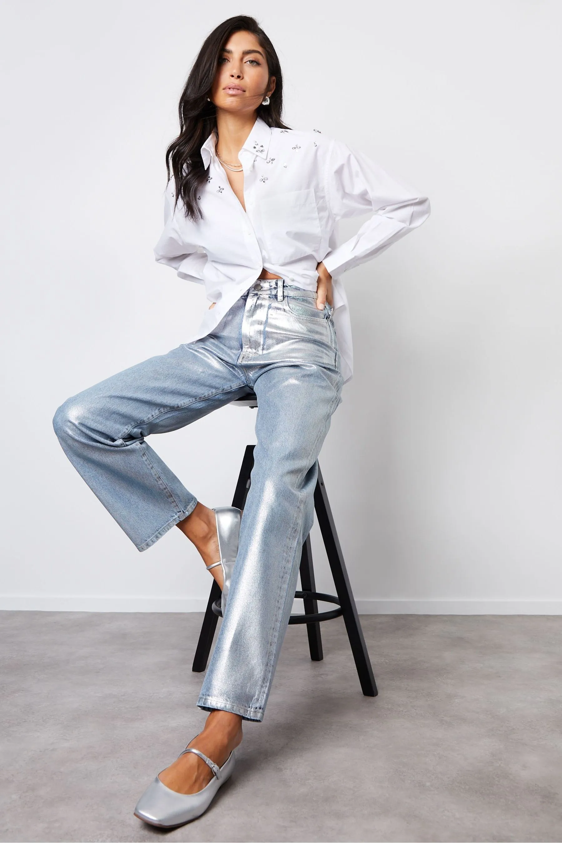 Threadbare - Dettagli metallizzati Denim Jeans spalmata con fondo ampio
