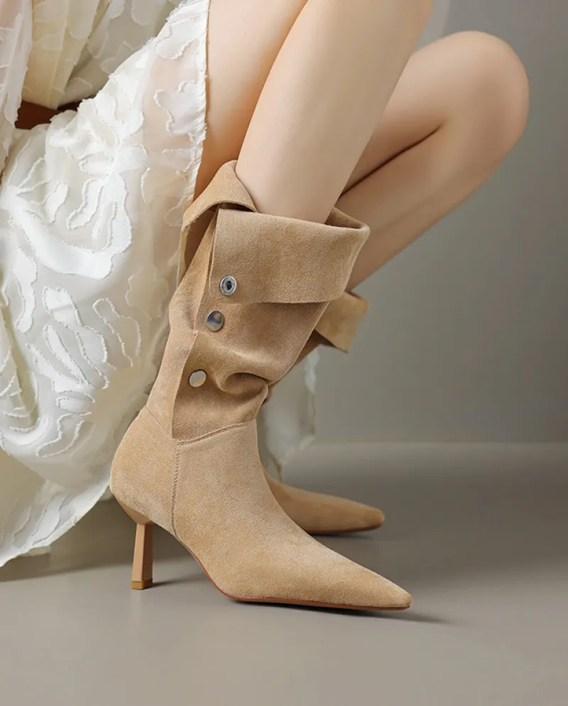 Two-wear ~ Large-circled High Boots For Women, Western Boots,  And  Fashionable And  Rivets, Pointed Toes, Stilettos, Hi