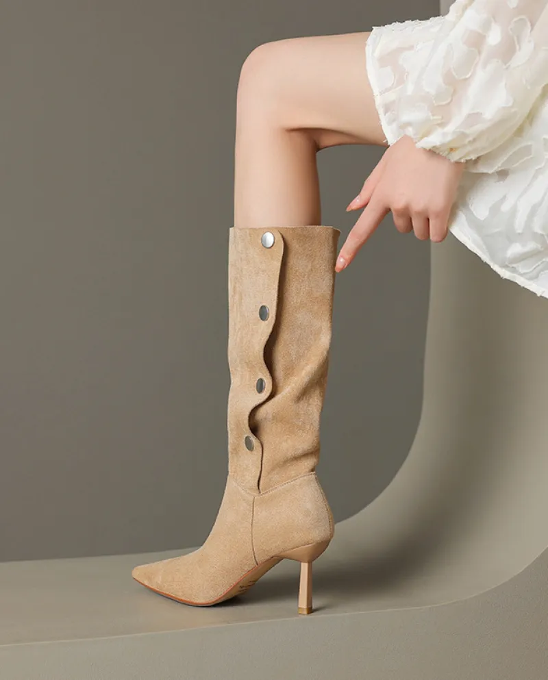Two-wear ~ Large-circled High Boots For Women, Western Boots,  And  Fashionable And  Rivets, Pointed Toes, Stilettos, Hi